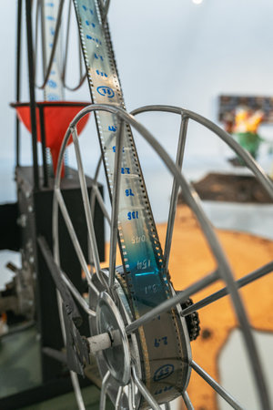 A detailed shot of a large film reel from a projector with a filmstrip running through it.