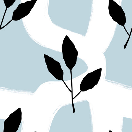 Seamless pattern with doodle black leaves on white background for wallpaperの写真素材