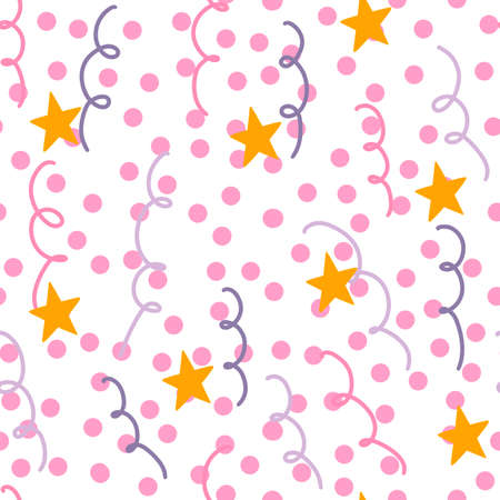 Seamless birthday pattern with stars and confetti on white background. High quality photoの写真素材