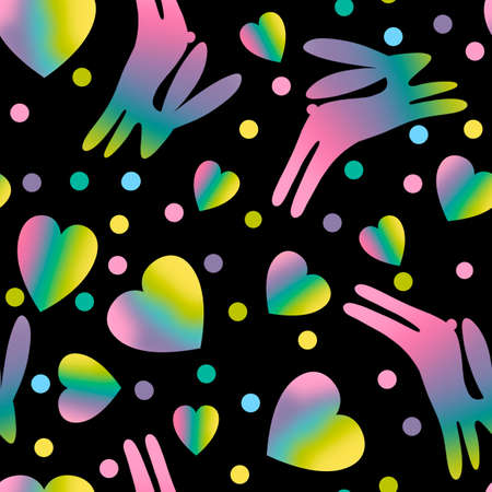 Seamless Easter pattern with rabbits on black background for wallpaper and fabricsの写真素材