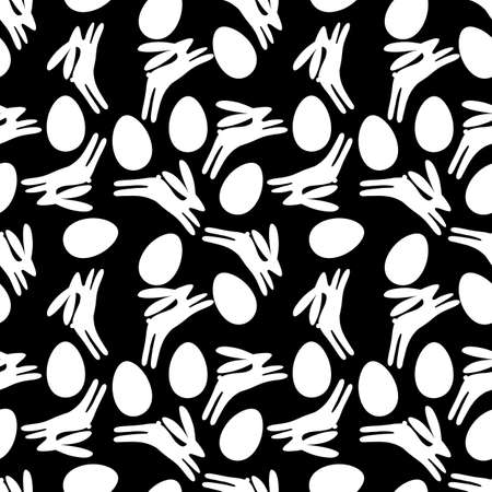 Seamless Easter pattern with white rabbits and eggs on black background for packaging and fabrics and textiles and linens and giftsの写真素材