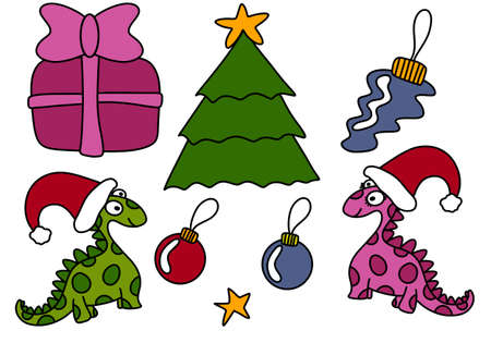 Set kids new year cartoon with dinosaurs for fabricsの写真素材