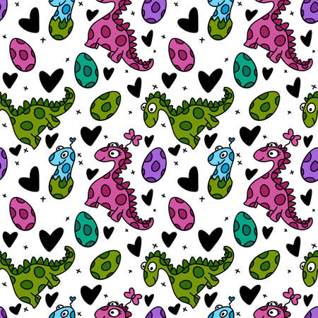 Seamless kids cartoon pattern with dinosaurs for fabricsの写真素材