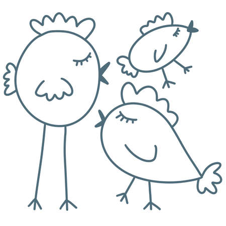 Set with kids cartoon birds line art doodleの写真素材