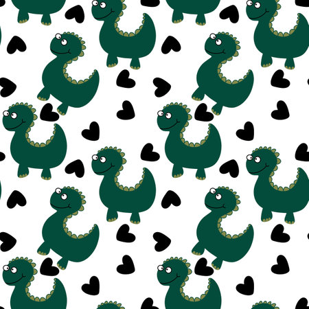 Seamless kids cartoon pattern with dragon dinosaurs on white background for fabrics and packagingの写真素材