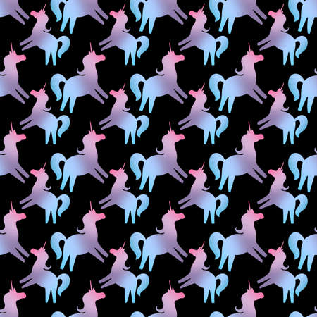 Seamless pattern with gradient unicorn on black backgroundの写真素材