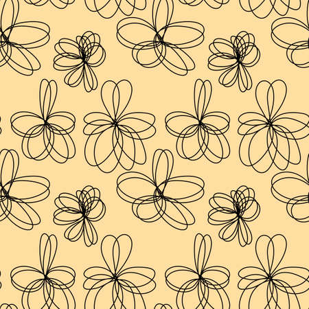Seamless pattern with doodle black flower on yellow background