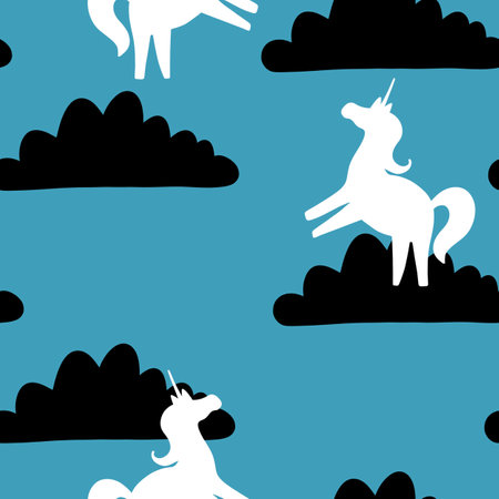 Seamless pattern with unicorn on blue backgroundの写真素材