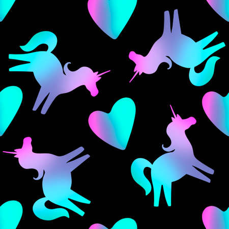 Seamless pattern with gradient unicorn on black backgroundの写真素材