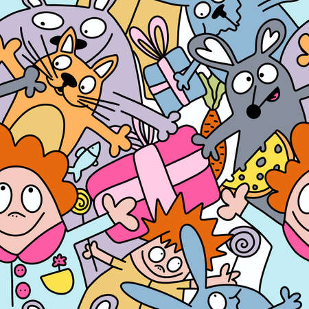 Doodle kids seamless pattern with animals and people for packaging and fabricsの写真素材