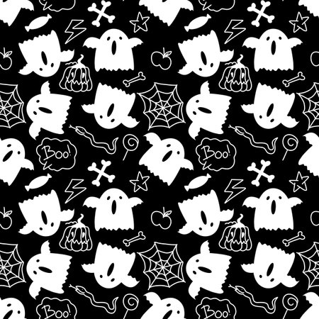 Seamless Halloween pattern with ghost on black backgroundの写真素材