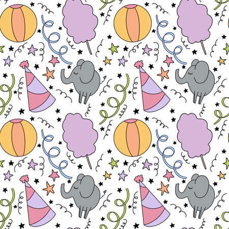 Seamless kids cartoon circus pattern on white backgroundの写真素材