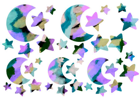 Set with coloured stars and moon for stickers and posters and cards and magazines and kidsの写真素材