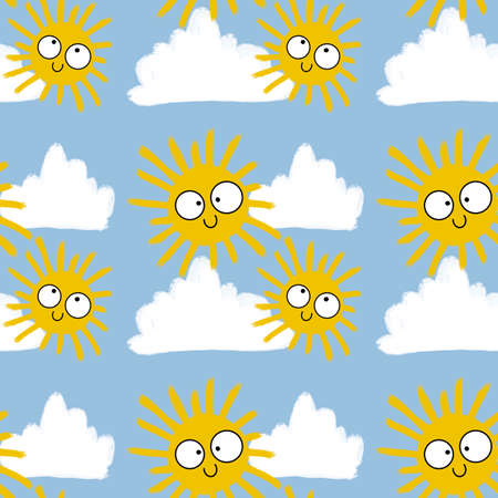 Cartoon sun and clouds seamless pattern for fabrics and textiles and packaging and gifts and cards and linens and kidsの写真素材