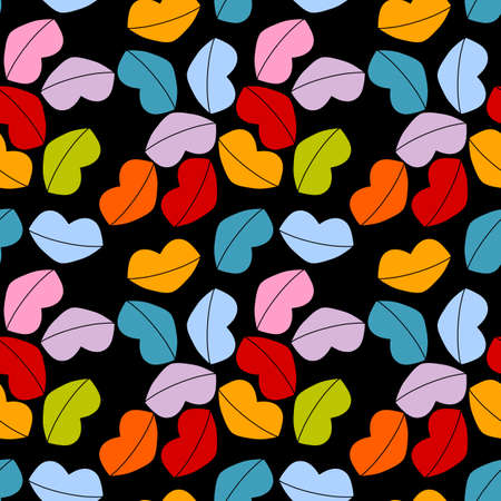 Seamless pattern with coloured rainbow lips on black background