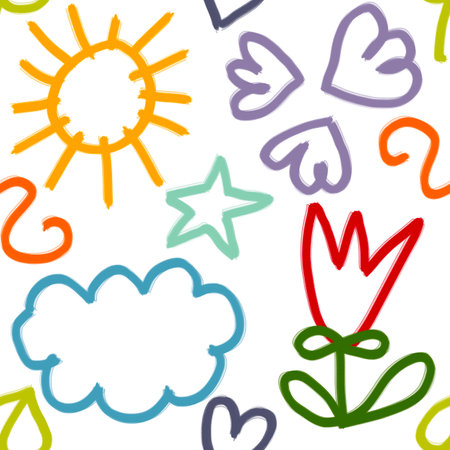 Seamless kids painting pattern with coloured objects on white backgroundの写真素材