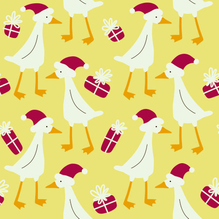 Christmas seamless ducks and hat pattern for new year gifts and fabrics and textiles and packagingの写真素材
