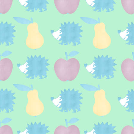 Autumn seamless hedgehog and pears and apples pattern for fabrics and textiles and packaging and gifts and cards and linens and kids. high quality photoの写真素材