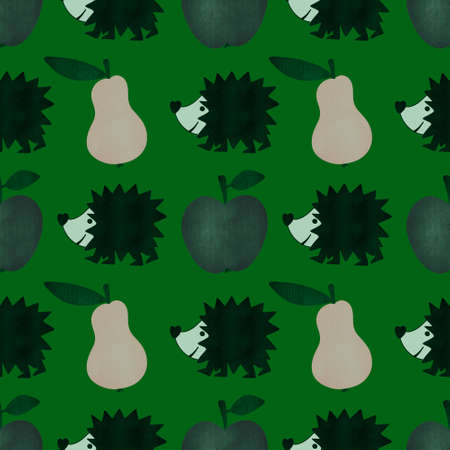 Autumn seamless hedgehog and pears and apples pattern for fabrics and textiles and packaging and...