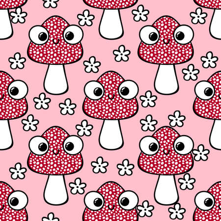 Cartoon autumn amanita seamless mushrooms pattern for Halloween wrapping paper and kids accessories and clothes print and study notebooks and fabrics. high quality illustrationの写真素材
