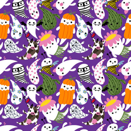 Cartoon Halloween seamless cute ghost pattern for festive wrapping paper and kids accessories and notebooks and fabrics and clothes print. high quality illustrationの写真素材