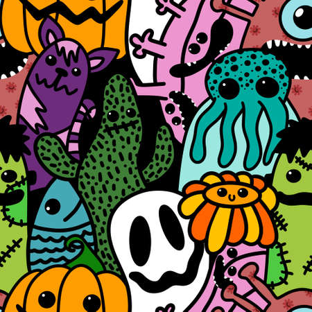 Halloween cartoon seamless doodle ghost and pumpkins and cactus and monsters pattern for wrapping...