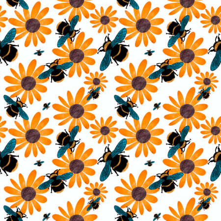 Summer seamless bee and flowers pattern for fabrics and wrapping and clothes print and kids and kitchen textilesの写真素材