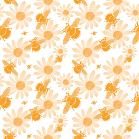Summer floral seamless bee and yellow flowers pattern for fabrics and wrapping paper and clothes print and kids and accessories and notebooks and linens and kitchen textiles. high quality illustrationの写真素材