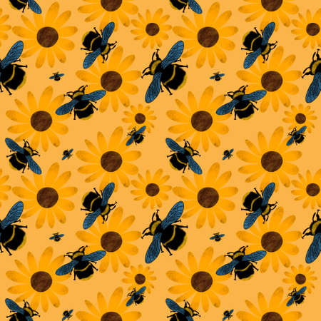 Summer floral seamless bee and yellow flowers pattern for fabrics and wrapping paper and clothes print and kids and accessories and notebooks and linens and kitchen textiles. high quality illustrationの写真素材