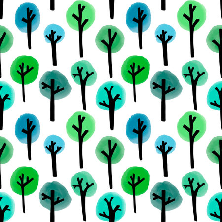 Cartoon autumn forest seamless watercolor trees pattern for fabrics and wrapping paper and accessories and kids clothes print and school notebooks. high quality photoの写真素材