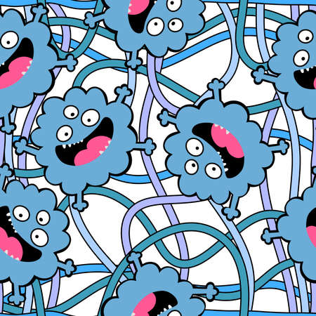 Cartoon monsters aliens seamless kids emoticons pattern for wrapping paper and festive accessories...