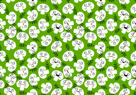 Cartoon faces autumn mushrooms seamless champignons pattern for kids clothes print and wrapping paper and fabrics and packaging and menu and linens and kitchen textiles. high quality illustrationの写真素材