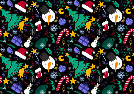 Cartoon doodle seamless Christmas tree and snowman and Santa hat and gifts pattern for wrapping new...