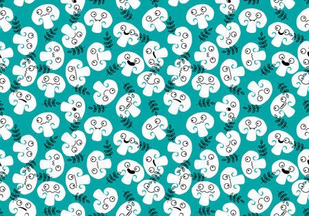 Cartoon faces autumn mushrooms seamless champignons pattern for kids clothes print and wrapping paper and fabrics and packaging and menu and linens and kitchen textiles. high quality illustrationの写真素材