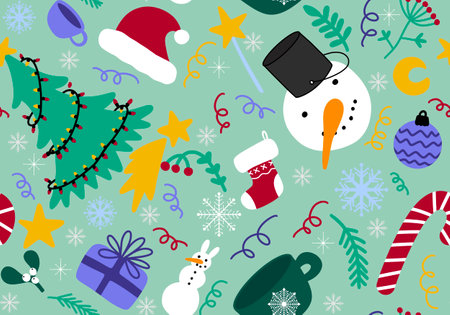 Cartoon doodle seamless Christmas tree and snowman and Santa hat and gifts pattern for wrapping new...