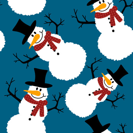 Winter Christmas seamless snowman with carrot and scarf and hat pattern for wrapping paper and Noel accessories and kids and fabrics and linens and packaging. high quality illustrationの写真素材