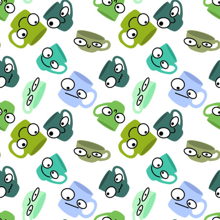Doodle cartoon seamless tea coffee cups with eyes pattern for menu and kids clothes print and wrapping paper and kitchen textiles and cafes and accessories and fabrics. high quality illustrationの写真素材