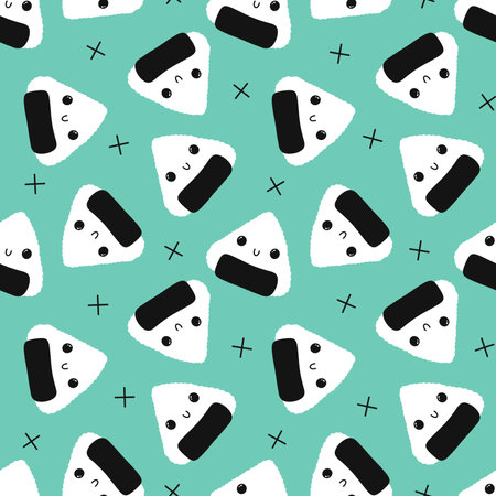 Japanese food onigiri seamless cartoon kawaii rice ball pattern for wrapping paper and kids clothes print and menu and restaurants accessories and fabrics and linens. high quality illustrationの写真素材