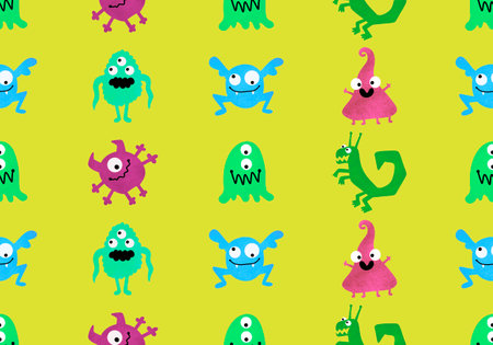 Monsters aliens cartoon seamless Halloween doodle pattern for wrapping paper and clothes print and kids accessories and fabrics and linens and textiles and study notebooks. high quality illustrationの写真素材