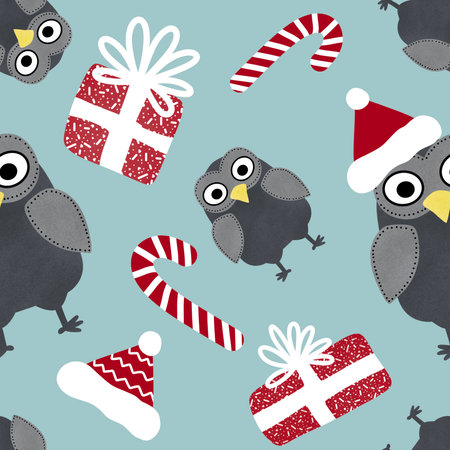 Cartoon owl seamless Christmas gifts box and candy and Santa hat pattern for wrapping paper and clothes print and kids accessories and fabrics and linens. high quality illustrationの写真素材