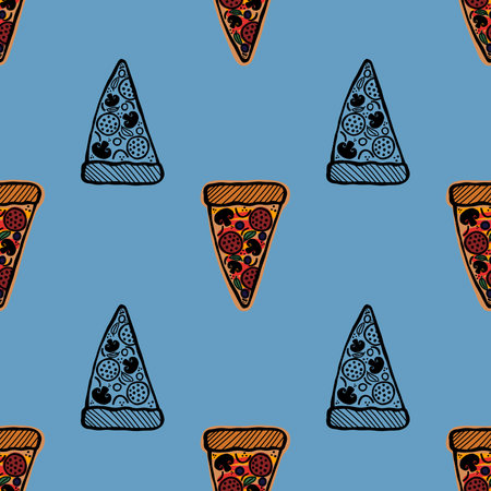 Cartoon doodle pizza seamless kids pattern for wrapping paper and clothes print and fabrics and lines and packaging and accessories. high quality illustrationの写真素材