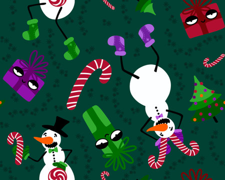 Winter seamless snowman and snowflakes pattern for Christmas wrapping paper and kids notebooks and accessories and fabrics. high quality illustrationの写真素材