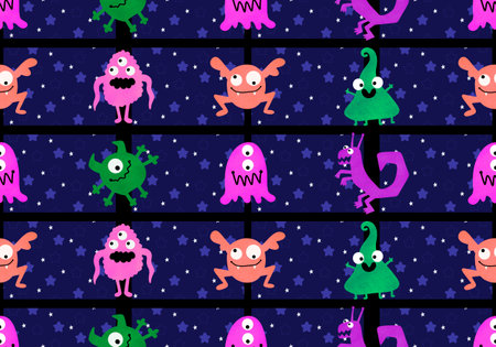 Monsters aliens cartoon seamless Halloween doodle pattern for wrapping paper and clothes print and kids accessories and fabrics and linens and textiles and study notebooks. high quality illustrationの写真素材