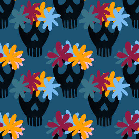 Halloween skulls seamless cartoon flower doodle pattern for wrapping paper and clothes print and kids and fabrics and accessories and linens and packaging. high quality photoの写真素材