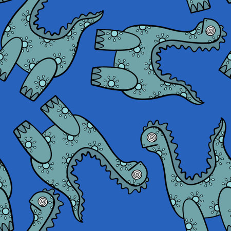 Dinosaur animals seamless cartoon doodle monsters pattern for wrapping paper and kids clothes print and fabrics and linens and packaging and accessories. high quality illustrationの写真素材