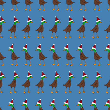 Winter festive cartoon seamless goose and Santa hat Christmas pattern for wrapping paper and Noel accessories and fabrics and linens and packaging and kids clothes print. high quality illustrationの写真素材