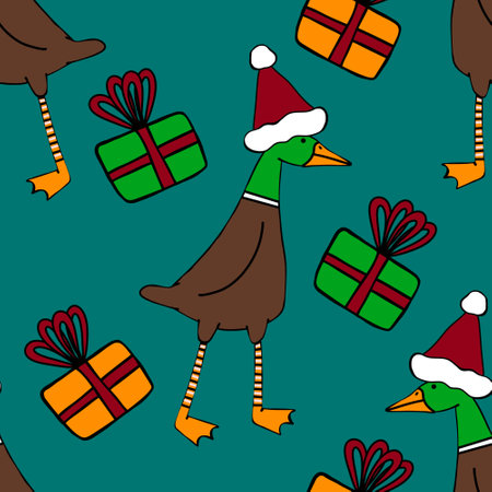 Winter festive cartoon seamless goose and Santa hat Christmas pattern for wrapping paper and Noel accessories and fabrics and linens and packaging and kids clothes print. high quality illustrationの写真素材