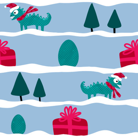Christmas cartoon seamless dinosaur dragon monsters pattern for winter wrapping paper and kids clothes print and Noel linens and fabrics and packaging. high quality illustrationの写真素材