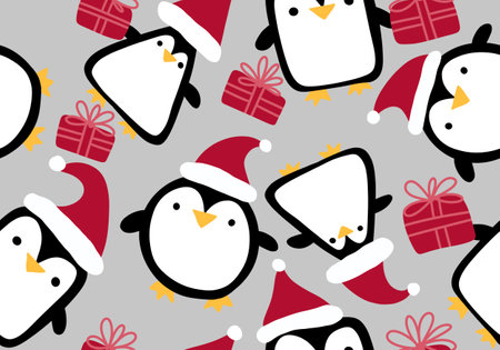 Cartoon winter Christmas seamless penguin pattern for wrapping paper and kids clothes print and fabrics and lines and accessories and packaging. high quality illustrationの写真素材