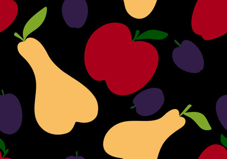 Cartoon fruit harvest seamless apples and pears and plums pattern for wrapping paper and fabrics and linens and packaging and kids clothes print and kitchen textiles. high quality illustrationの写真素材